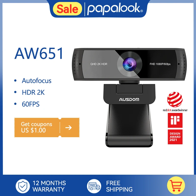 Веб-камера AUSDOM AW651 1080P 60 Кадров в секунду 2K HDR Веб-камера с автофокусом со всеми двумя микрофонами и крышкой-слайдером для прямой трансляции, включая штатив . ' - ' . 0