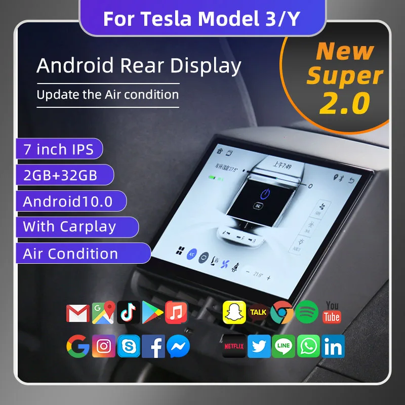 Задняя панель дисплея с 7-дюймовым IPS экраном для Tesla Model 3 Y, Управление кондиционером на Android, Мультимедийный плеер CarPlay, Автоматическая музыка . ' - ' . 0