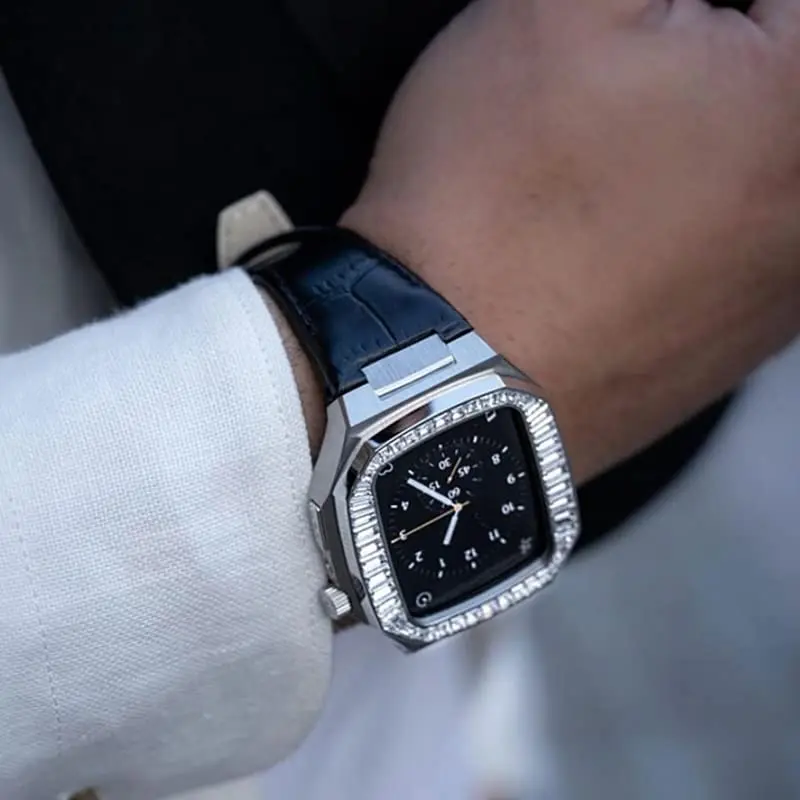 комплект для модификации с бриллиантами диаметром 40 мм для Apple Watch 6 Band 44 мм Корпус из нержавеющей стали Iwatch Series 6 5 4 SE 44 мм Роскошная кожаная оправа . ' - ' . 1