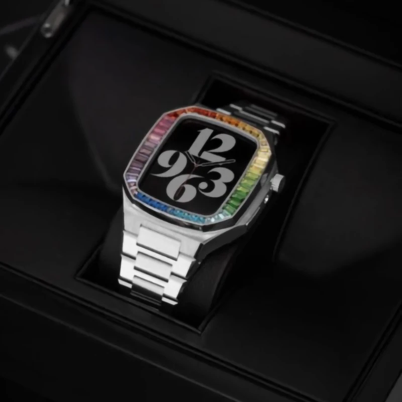 комплект для модификации с бриллиантами диаметром 40 мм для Apple Watch 6 Band 44 мм Корпус из нержавеющей стали Iwatch Series 6 5 4 SE 44 мм Роскошная кожаная оправа . ' - ' . 2