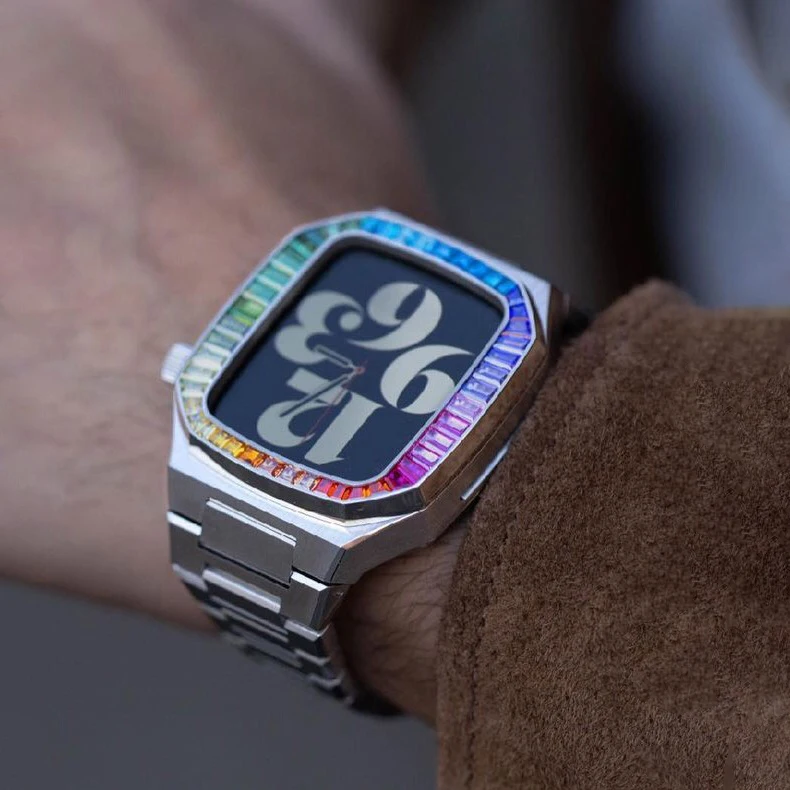 комплект для модификации с бриллиантами диаметром 40 мм для Apple Watch 6 Band 44 мм Корпус из нержавеющей стали Iwatch Series 6 5 4 SE 44 мм Роскошная кожаная оправа . ' - ' . 3