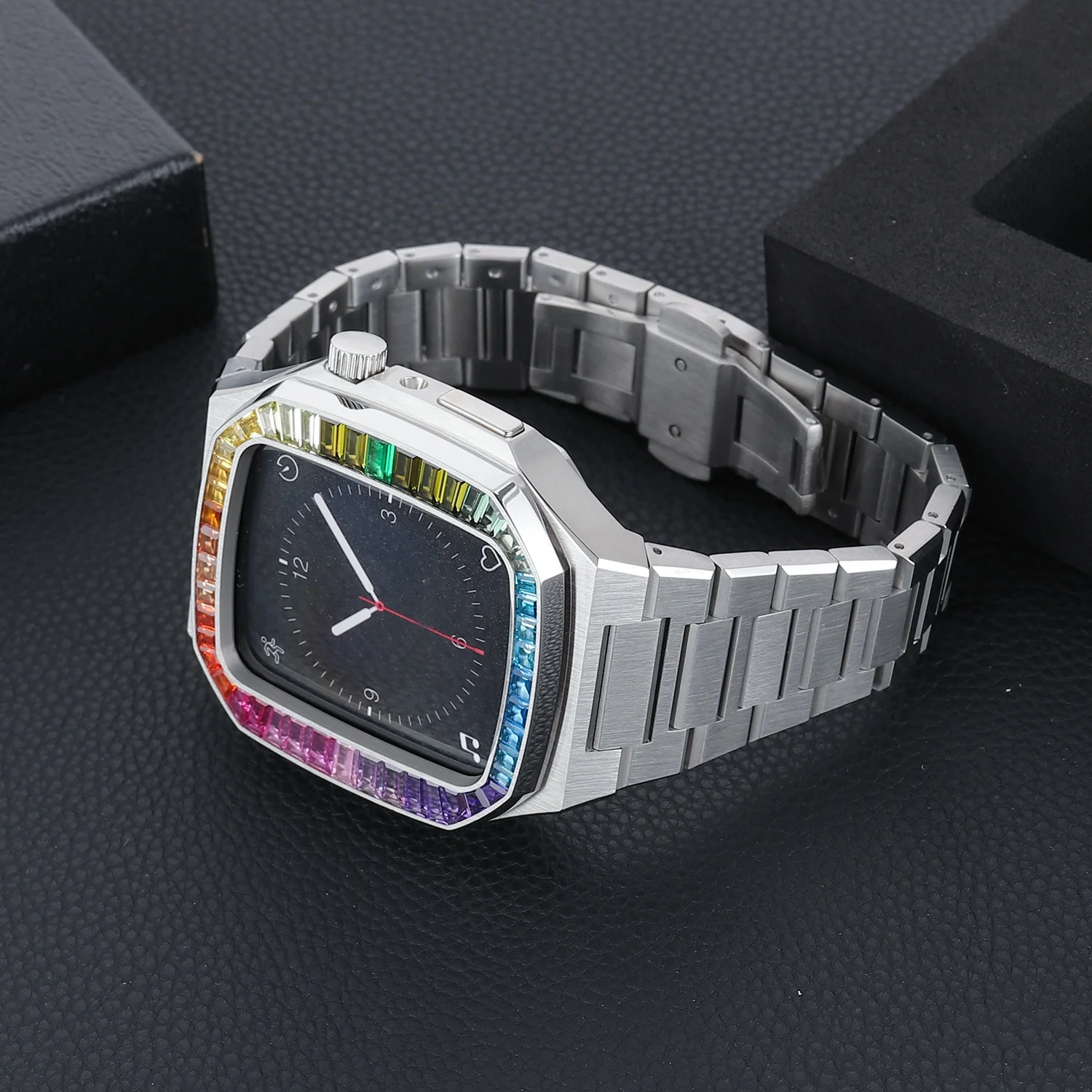 комплект для модификации с бриллиантами диаметром 40 мм для Apple Watch 6 Band 44 мм Корпус из нержавеющей стали Iwatch Series 6 5 4 SE 44 мм Роскошная кожаная оправа . ' - ' . 4