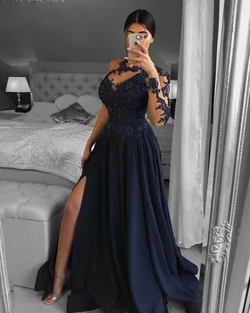 Элегантные вечерние платья темно-синего цвета на одно плечо 2024, Атласные Кружевные аппликации из бисера, Дубай, Арабское Вечернее платье для выпускного Вечера, Vestidos