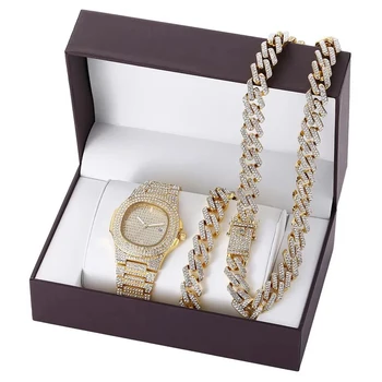 Роскошный Набор мужских часов в стиле хип-хоп, ожерелье, браслет, Кубинская цепочка, Золотого цвета, выложенные льдом Стразы, блестящие украшения для мужчин