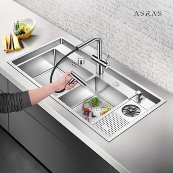 Asras 10050MD 304 роскошная кухонная раковина ручной работы, разбрызгиватель воды для размораживания с краном, аксессуары для слива, бесплатная доставка