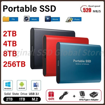 Портативный Высокоскоростной мобильный твердотельный накопитель SSD емкостью 256 ТБ, внешний накопитель емкостью 2 ТБ с интерфейсом Type-C USB 3.1 для ноутбука/ПК/Mac