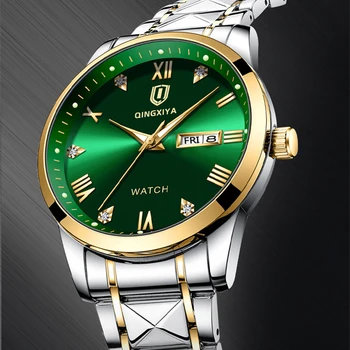 QINGXIYA Мужские Часы Лучший Бренд Класса Люкс, Позолоченный Корпус, Светящиеся Водонепроницаемые Часы, Модные Кварцевые Часы с Зеленым Циферблатом Water Ghost