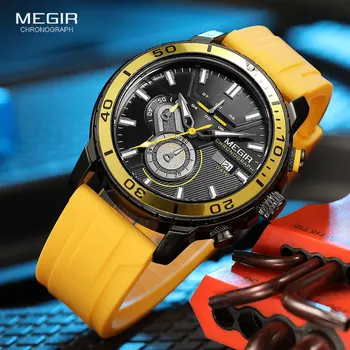 MEGIR Желтые спортивные кварцевые часы для мужчин, модные водонепроницаемые наручные часы с хронографом и силиконовым ремешком, автоматическая дата, светящиеся стрелки