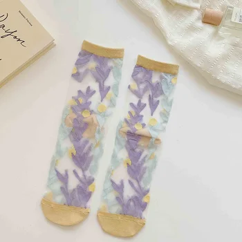 Ультратонкие прозрачные шелковые носки с кристаллами, носки для экипажа в стиле Харадзюку, женские модные эластичные носки с цветами в стиле ретро, уличная одежда