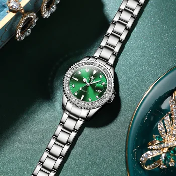 Классические кварцевые часы TAXAU Green, Платье для женщин 2023, Водонепроницаемый ремешок из нержавеющей стали, зеркало с бриллиантами, Элегантные женские наручные часы