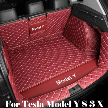 Коврики для багажника автомобиля Кожаные с полным покрытием, полностью окруженные водонепроницаемыми, черный, красный для Tesla Model Y S X 3 с 2016 по 2021 2023 гг.