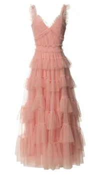Новое летнее Модное Длинное Сине-розовое платье 2023 Года, Высококачественное Женское платье на бретельках с каскадными оборками, Сексуальное платье Макси из тюлевой сетки