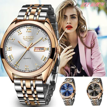 LIGE Модные женские часы, женские часы лучшего бренда класса люкс, водонепроницаемые золотые кварцевые часы, женские часы из нержавеющей стали, подарочные часы для свиданий 2021