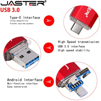 JASTER Новый 3 В 1 OTG Android & USB & Type_C USB Флэш-накопитель 64 ГБ Бесплатный Пользовательский логотип Флеш-накопители 32 ГБ Memory Stick 16 ГБ U Диск 8 ГБ