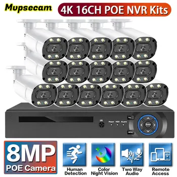 16-Канальный POE NVR Комплект 4K Video CCTV Security IP Camera System 8MP Ai Human Detect Color Night Водонепроницаемый 2-Полосный Аудио Комплект Видеонаблюдения