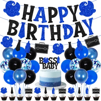 Украшения для вечеринки в честь Дня рождения Босса для Маленьких Мальчиков Синий Черный Баннер С Днем Рождения, Топперы Для Торта, Набор Воздушных Шаров, Декор для 1-го Дня Рождения Мальчика