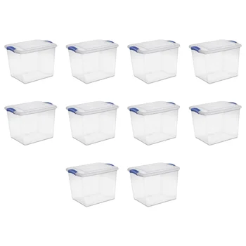 Sterilite 27 Qt. Пластиковая коробка с защелкой, стадионного синего цвета, набор из 10 ящиков для хранения размером 16,50x13,00x12,25 дюймов