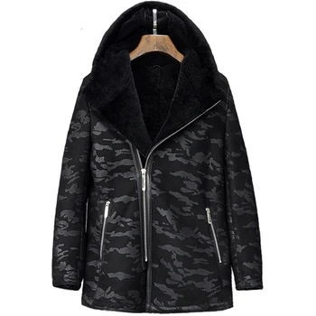 Denny & Dora Дубленка с капюшоном, мужская куртка-бомбер B7, Длинное меховое пальто, черное камуфляжное пальто