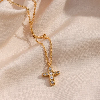 2021 Нежное Мини-ожерелье с подвеской в виде Креста, выложенное камнем Циркон, 18-Каратное Позолоченное Маленькое Хрустальное Ожерелье с Крестом для женщин