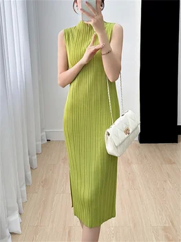 Женское плиссированное платье Miyake, модное элегантное платье без рукавов со стоячим воротником средней длины, новое летнее платье 2023, однотонная одежда, женское платье