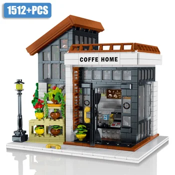 City Mini Street View 1512 шт. Модель Кофейни Строительные блоки MOC Coffee House Со светодиодной подсветкой Кирпичи Игрушки для детей Подарки