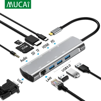 USB C КОНЦЕНТРАТОР 10-В-1 Type C для Мульти USB 3,0 КОНЦЕНТРАТОР HDMI/RJ45 VGA Аудио Адаптер Док-станция для Huawei Mate 30 MacBook Pro Тип порта разветвителя