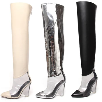 Пикантные сапоги выше колена в стиле пэчворк из прозрачного ПВХ, прозрачные рыцарские сапоги на треугольном каблуке, женские сапоги до бедра из серебристой зеркальной кожи