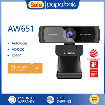Веб-камера AUSDOM AW651 1080P 60 Кадров в секунду 2K HDR Веб-камера с автофокусом со всеми двумя микрофонами и крышкой-слайдером для прямой трансляции, включая штатив