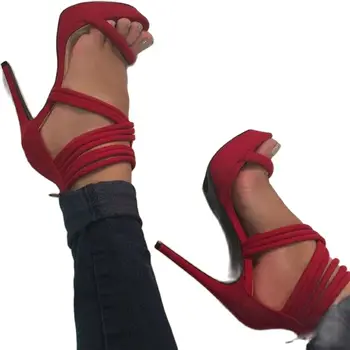 Новейшие красные замшевые босоножки на высоком каблуке с ремешками, пикантные женские летние босоножки на платформе с открытым носком и перекрестными ремешками