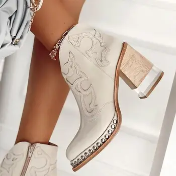 2023 Кожаные женские ботильоны На низком каблуке, Крутая обувь с вышивкой в британском стиле, Короткая обувь для вечеринок, Chaussure Femme