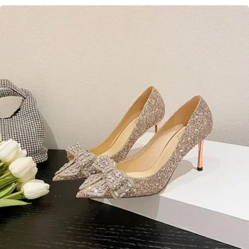 Женские Элегантные свадебные туфли на высоком каблуке 2023, Платье Невесты, Пикантные Туфли на шпильке с бабочкой и Острым носком, Роскошные Дизайнерские Золотые