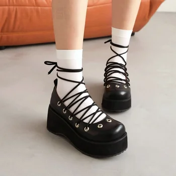 Милые Женские туфли на шнуровке в стиле Лолиты, Весенние Черные Бежевые Розовые Темно-коричневые Туфли-маффины на толстом каблуке средней длины, Большие Размеры 33-48