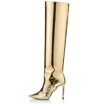 сапоги выше колена на тонком высоком каблуке из однотонной лакированной кожи, новые зимние женские золотисто-зеркальные ботинки высшего качества, пикантная женская обувь размера плюс 45
