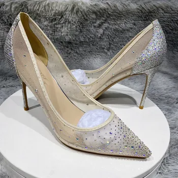 Летние Новые свадебные туфли с пайетками и стразами, пикантные туфли для подружек невесты на высоком каблуке на шпильке с мелким носком
