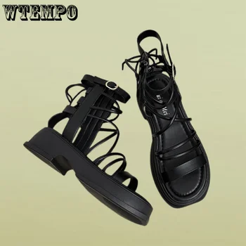 WTEMPO/Женские римские босоножки на толстом каблуке с круглым носком, летние модные женские ботинки с перекрестным ремешком и молнией, ботинки с открытым носком, оптовая продажа, прямая поставка