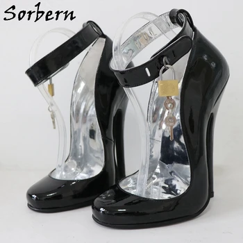 Sorbern Ретро Бурлеск Showgirl Pump Shoe Sissy Boy Лодыжки с замками с ключом Круглый Носок Обувь из натуральной кожи на высоком каблуке 16 см