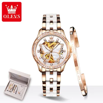 Новая подарочная коробка, автоматические часы для женщин, роскошные механические водонепроницаемые светящиеся браслеты со скелетом из розового золота, элегантный набор часов