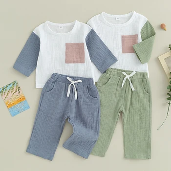 Мягкая подкладка для малышей, осенняя одежда из 2 предметов, топы и брюки контрастного цвета с длинными рукавами, повседневный комплект одежды из 2 предметов