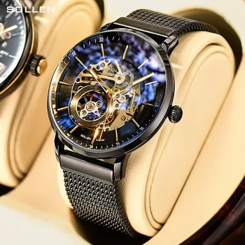SOLLEN Мужские Часы Модный Скелет Циферблат Креативные Механические Часы Сетчатый ремешок Спортивные часы Для мужчин Relogio Masculino Reloj