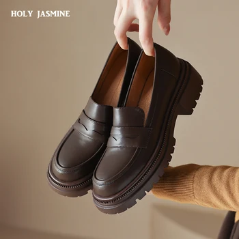 2023 Новые Классические женские туфли-лодочки в стиле ретро, повседневные рабочие туфли на толстом каблуке из натуральной кожи, весенне-осенние лоферы, Женская обувь на платформе