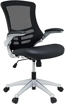Сетчатая спинка и виниловое сиденье современного офисного кресла черного цвета