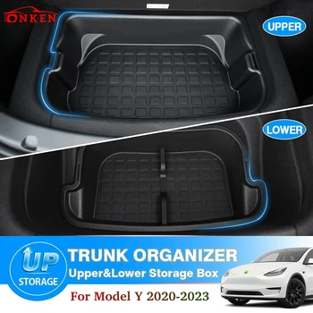 Органайзер для багажника Tesla Model Y на 2020-2023 годы, Лоток для органайзера для хранения в багажнике, верхние и нижние задние ящики для хранения, Коврик для багажника, Коробка для хранения