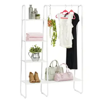 , 3-х уровневый стеллаж для одежды с металлическими сетчатыми полками, 2 розовые дополнительные вешалки, белый