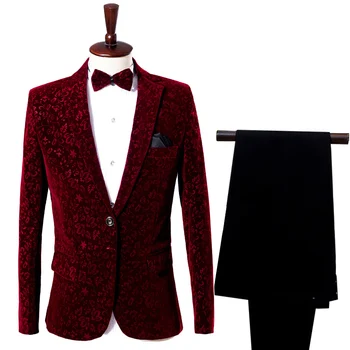 (Куртка + брюки) Комплект из двух предметов, Мужской модный повседневный костюм, цвет красного вина, Темный цветочный узор, Тонкий мягкий костюм на одной пуговице, комплект для коктейльной вечеринки