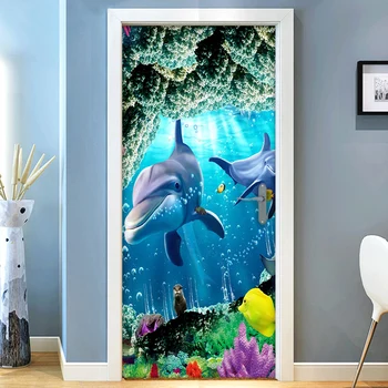 Дельфин, Морской пейзаж, 3D наклейки на дверь, Домашний Декор, Современная Детская комната, украшение двери спальни, наклейка, настенная роспись, обои, Водонепроницаемые