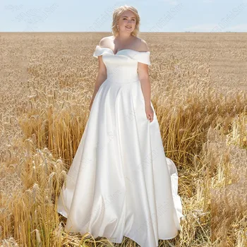 Простое Свадебное Платье Размера Плюс 2024, Атласные Платья для Свадебных Вечеринок с открытыми Плечами, Гражданский Шлейф, На Шнуровке, Vestido De Novia